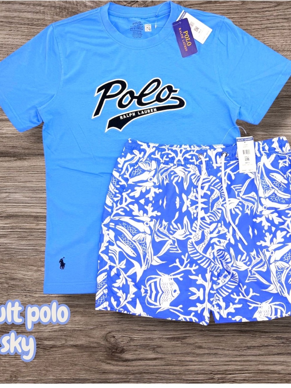 Polo Ralph Lauren Sky Blue Logo Tee & Blue Printed Swim Shorts